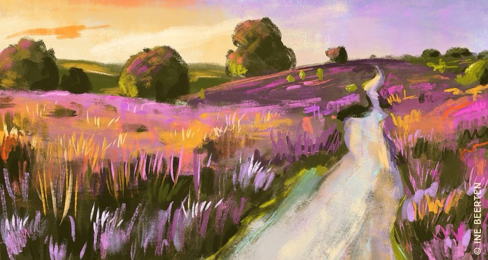 This was based on reference pick of the ‘Heide’ (heathland) in Belgian Limburg, the area of Belgium where I was born and most of my ancestors are from. These days we just have a few national parks left with this landscape but for centuries most of the land looked like this. I want to work on a series of ancestral landscapes…
This a sunset landscape with vibrant oranges, magenta pinks and purples. A rolling landscape with colorful heather, a sandy path curving towards the horizon and a few big trees dotted in the distance.