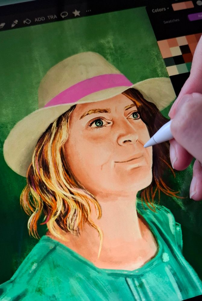 Work in progress: drawing a self-portrait on my ipad. I'm wearing a teal shirt and a white hat with a magenta pink ribbon. The background is dark green...