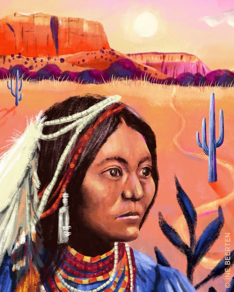 A recent portrait I illustrated of Lozen, an Apache warrior for my Inspiring Women series. The ortrait shows her in a blue shirt with red and white beaded necklaces, and some frarhers in her hair. The landscape in the background shows some red/orange and pink mountains and blue cacti in the sunset...