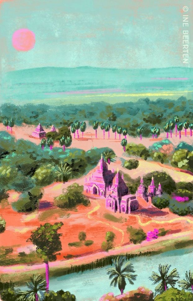 Quick digital sketch of the temples near a river in Bagan in Myanmar. The sketch shows a vibrantly colorful landscape with red earth, magenta pink temples and green and blue trees. In the distance the sky is turquoise blue and the sun orange. 