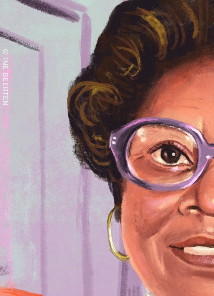 Closeup detail of my portrait illustration of NASA engineer Mary Jackson, showing the vibrant colours and brush strokes.