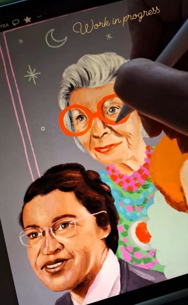 Finishing up some details on portraits  of Rosa Parks and Iris Apfel ...