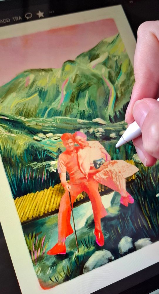 Working on my ipad on an illustration of the mountains in Switzerland. I collaged my grandparent from an old photograph into the illustration and recoloured them into shades of red and pink, they are sitting on a small wooden bridge across some water in front of the mountains. 