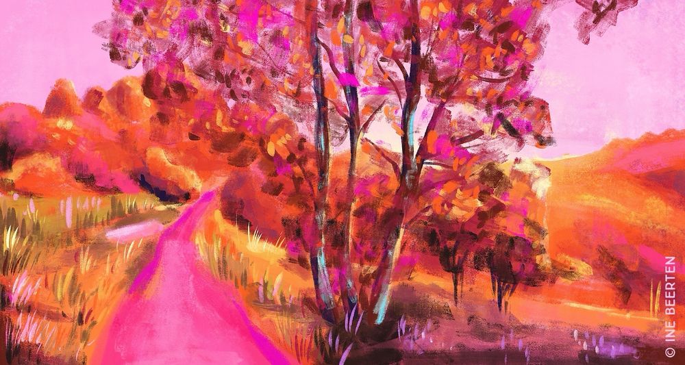 Quick digital sketch of a landscape with a tree an a path disappearing in the distance in very bold orange, red and magenta pink hues.