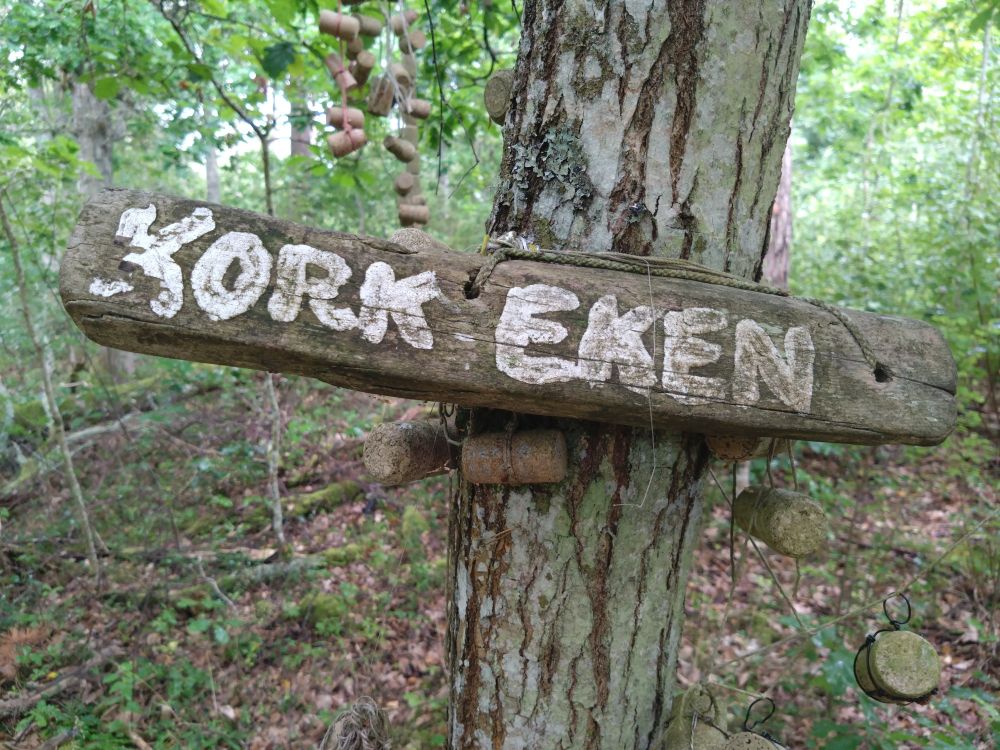 Skylt på ek "kork eken"