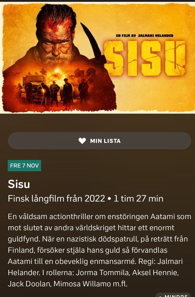 Reklam för den "våldsamma actionthrillern" Sisu som kommer på SVT om en vecka.