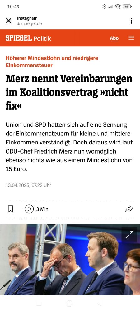 Textzeilen:  
Höherer Mindestlohn und niedrigere Einkommensteuer 
Merz nennt Vereinbarungen im Koalitionsvertrag »nicht fix«

Union und SPD hatten sich auf eine Senkung der Einkommensteuern für kleine und mittlere Einkommen verständigt. Doch daraus wird laut CDU-Chef Friedrich Merz nun womöglich ebenso nichts wie aus einem Mindestlohn von 15 Euro. 