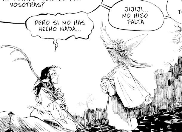Una viñeta de El Acervo de las Hiedras en la que se ve a Amora hablando con el hada Trefina.