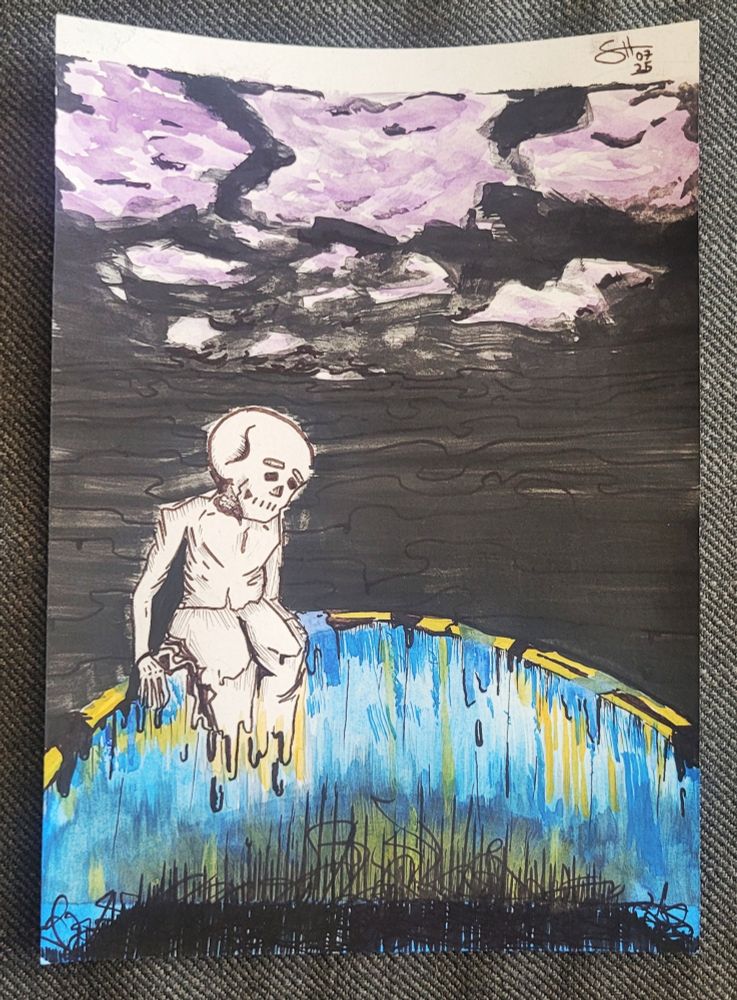 Aquarell auf Papier. Oben pinke Wolken, darunter schwarzer Hintergrund. Vordergrund: ein Skelett sitzt an einem blauen Abgrund 