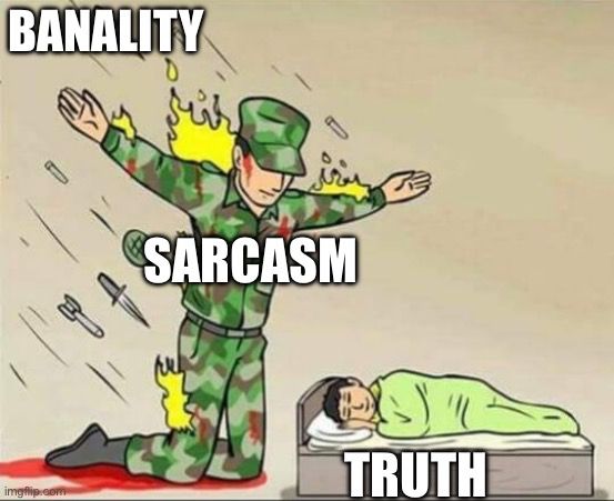 Soldier protecting sleeping child meme.
Bullets = banality
Soldier = sarcasm
Child = truth