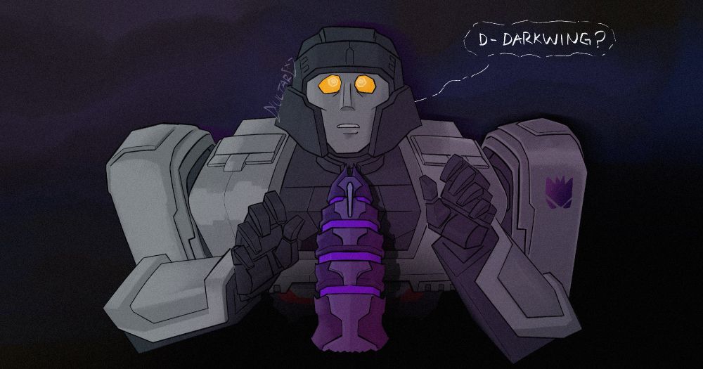 Full rendered picture of D-16 cornered against a wall, he’s looking wide eyed and in fear at something above him. Darking’s spike looms menacingly over him

#noncon #valveplug