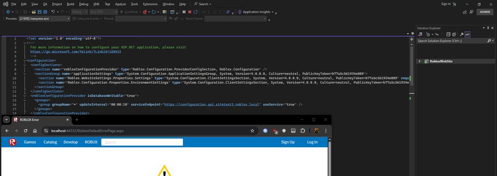 A screenshot of a 2016 version of Roblox's website project running in Visual Studio 2022 with it's Web.Config Configuration section open in the IDE.