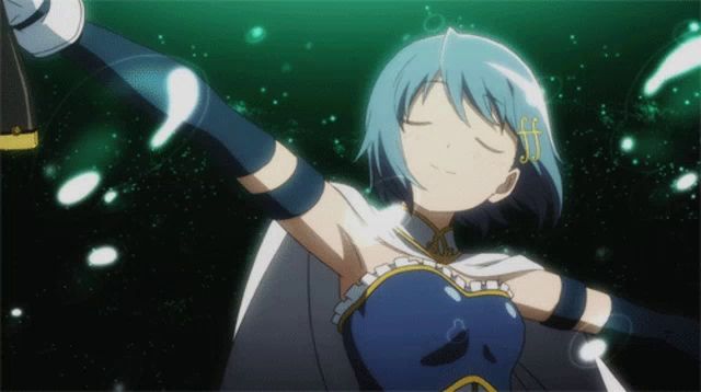 a girl with blue hair is holding a gun in her right hand