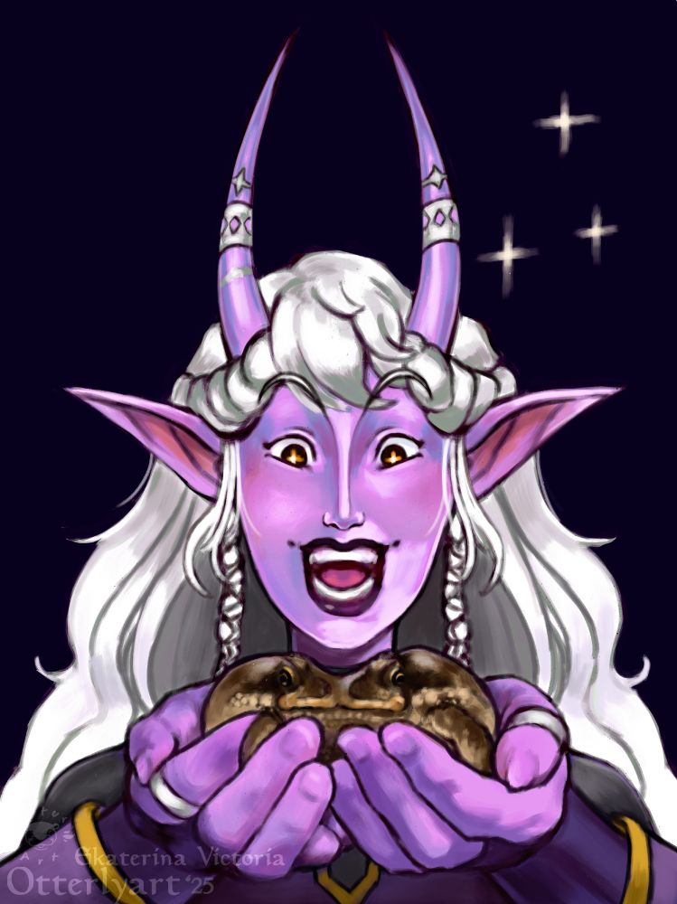 A pink-purple tiefling woman looks excitedly at the fat toad she holds in her hands in front of her. Light shines in her eyes and she has long flowing white hair with braids crowning her head and coming down in front of her ears. She has sharp horns that go up with only the slightest curve and they have silver jewelry on them.

The toad she holds is realistic and painted with earthy tones.