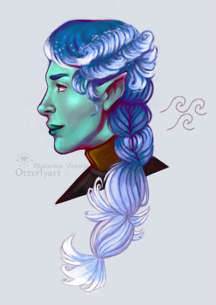A Genasi woman in profile. Her hair spills like water from the crown of her head and blue gradients to white along a thick messy braid. She looks forward with a determined expression on a background of soft great and small line art waves sit behind her.