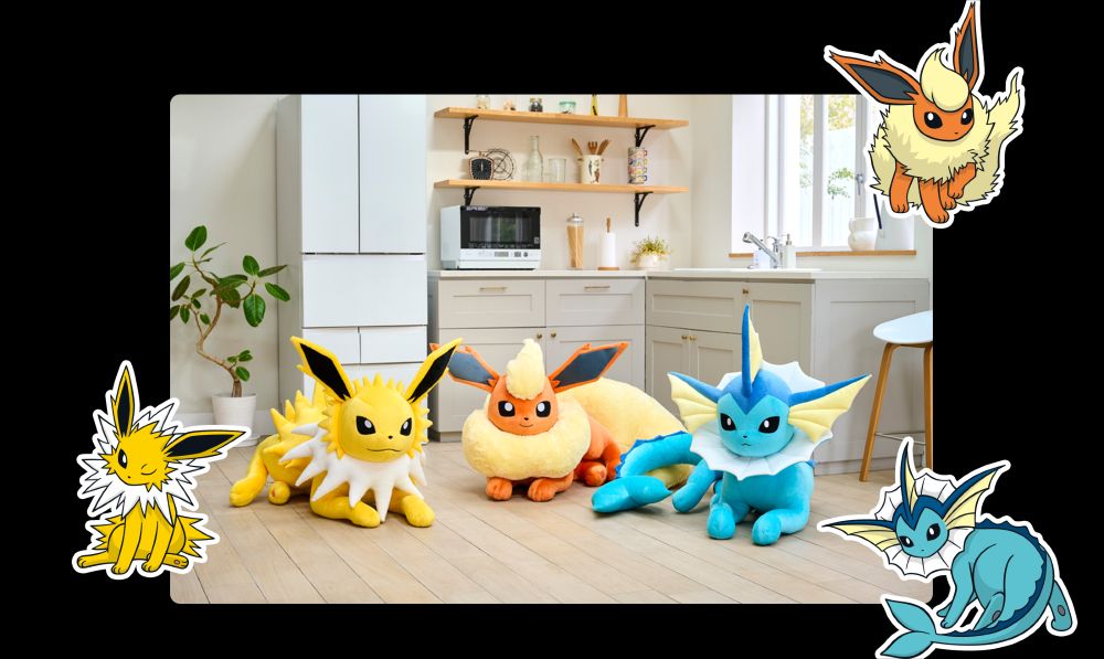 A photo of the life size Jolteon, Flareon and Vaporeon plush lying on the floor in a kitchen, with art of each Pokemon surrounding the frame. 