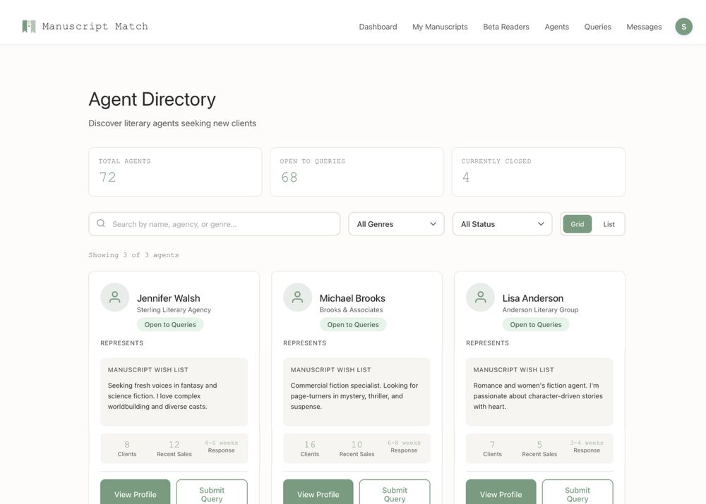 Agent Dashboard view of manuscriptmatch.com