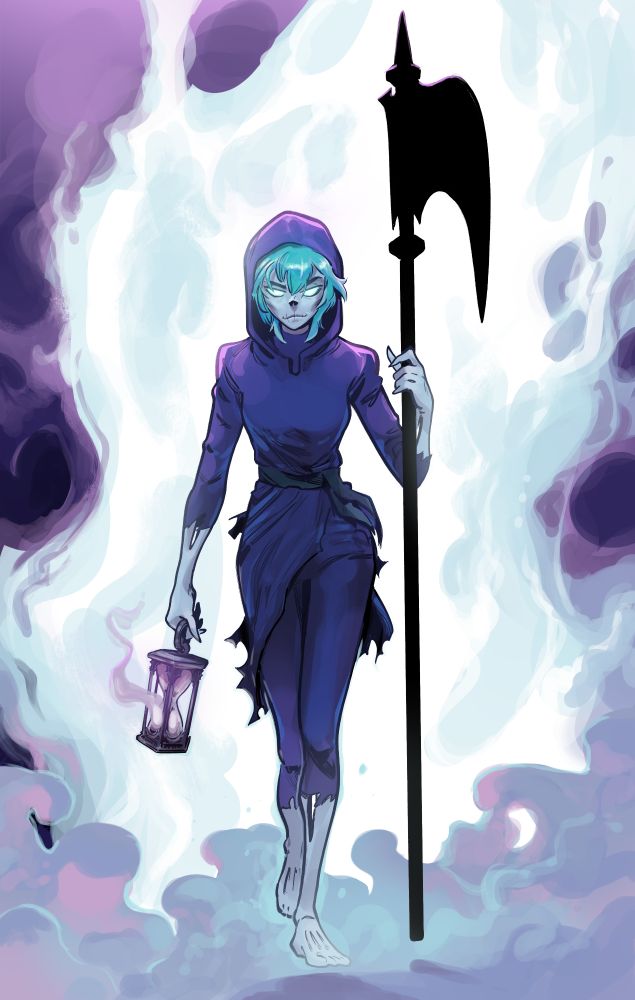 The Grim Reaper as a teenage girl emerges from the mist, an hourglass in one hand and a black scythe in the other. Illustration by Byron Gray.