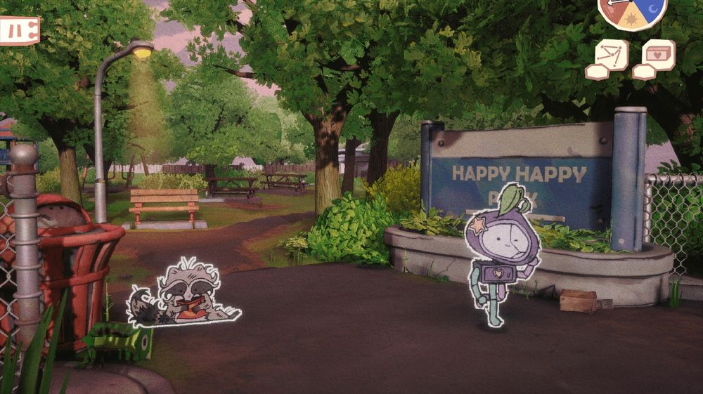 🤖Suburbia Electronica🌱 screenshot. The 3D background is made with by Solenn Ripoteau. We were the two artists on this project and it was a joy to work together to create the world of the game.