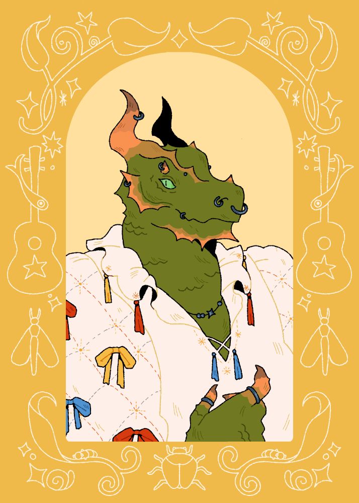 A portrait of a green and copper dragonborn. He is wearing a frilly chemise with colorful ribbons on it. Around the character is a frame with different elements : a guitar, insects, plants and some fishes.