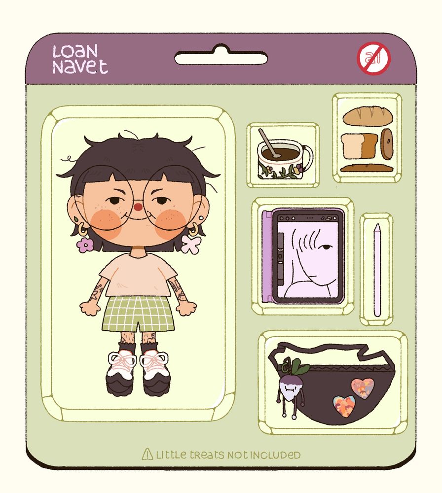 A fake toy package with a character, me on the side. The package contains a flower cup, pieces of bread, and ipad, an apple pencil and a black shoulder bag with turnip character and two heart-shaped pins.