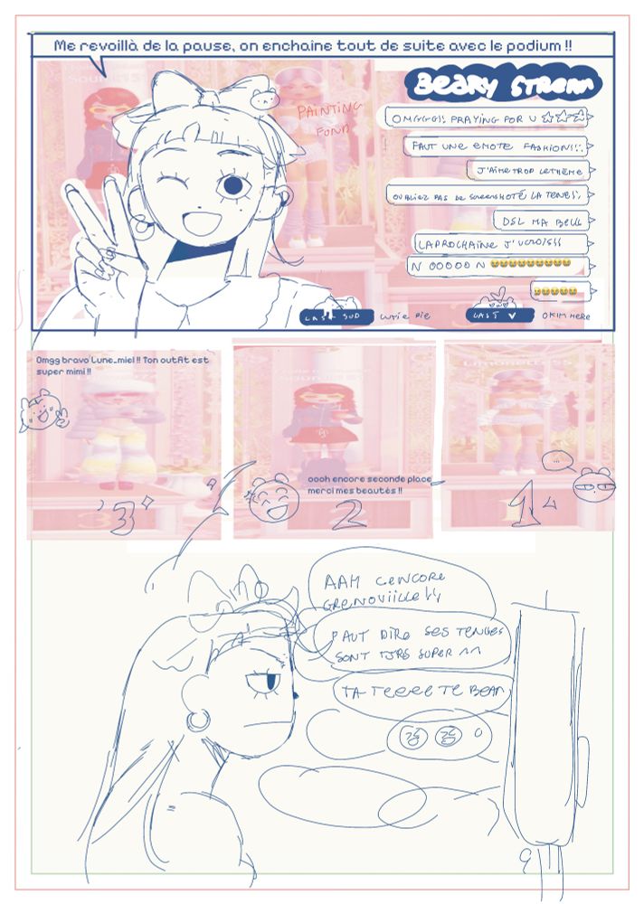A rough comic if a fake well dressed streamer. She is watching her Dress to Impress podium and isn't satisfied by being second 