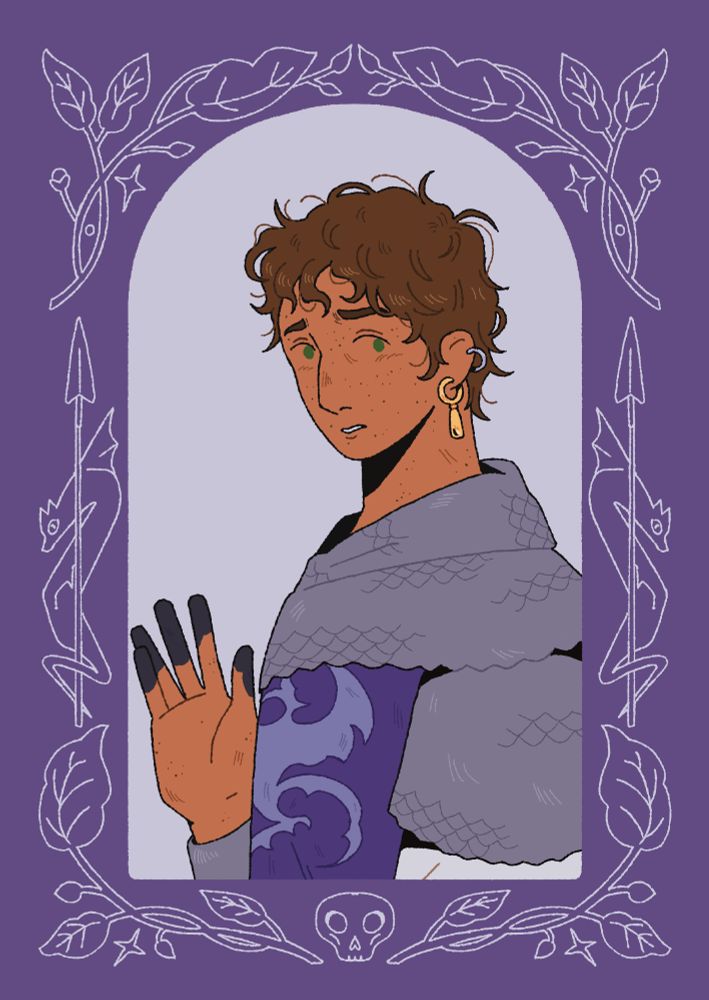 A portait of a young man, a squire with purple outfit. The tip of his fingers are black, showing that he might have used necromancy before.. He looks a bit scared.  The frame around the portrait is purple it's decorated with plants but also his spear and a dragon.