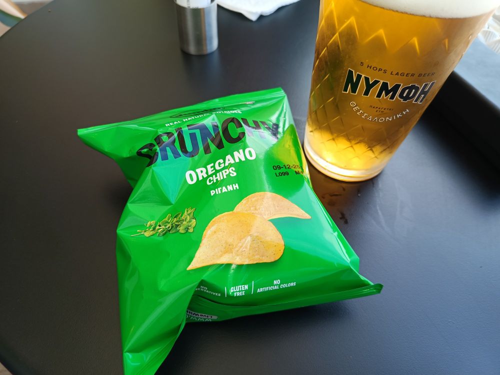 Oregano crisps and a pint of lager 