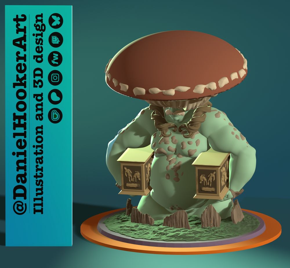 Printable 3d model from Daniel Hookers patreon. It is a Mushroom deity. A burly man with a mustache carrying 2 wooden coffers.