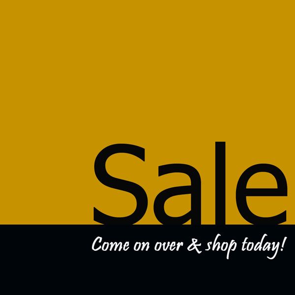 Gold box with the word "Sale" in black letters above a black rectangle with the words "Come on over & shop today!" in white letters.