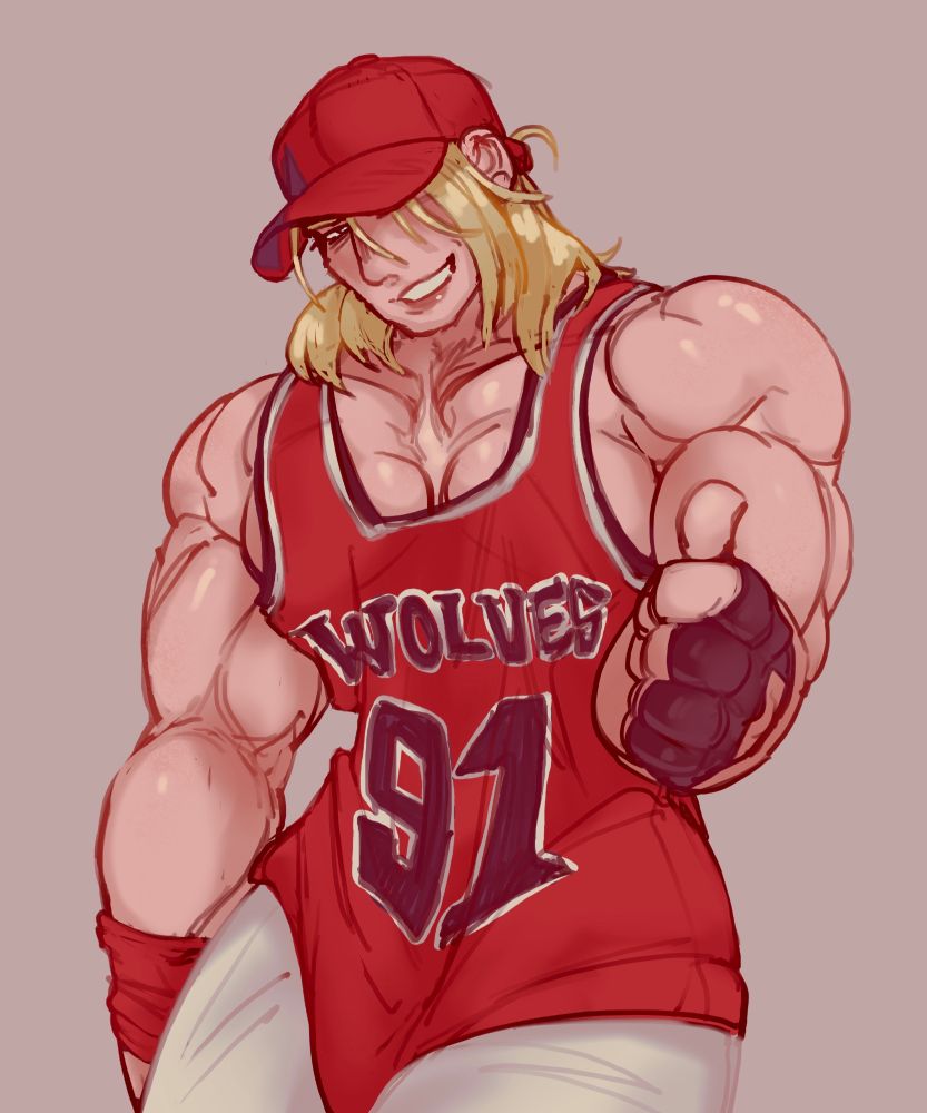 terry in his C3 costume without the jacket. hes leaning, cocking his head with a smile, and holding a thumbs up. 