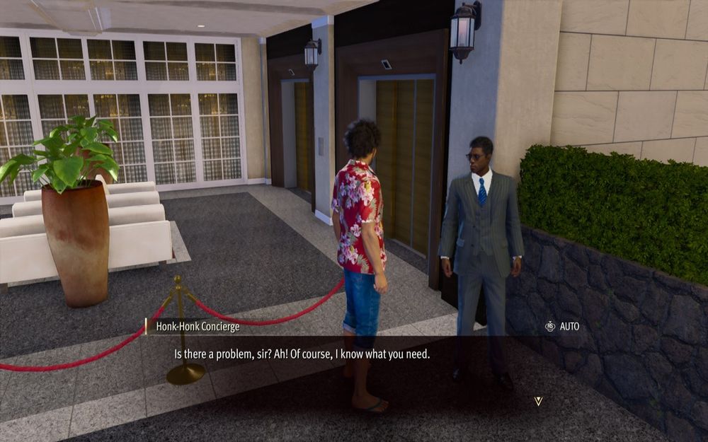 In Like a Dragon: Infinite Wealth, a man called the Honk Honk Concierge says to Ichiban Kasuga: "Is there a problem sir? Ah! Of course, I know what you need."