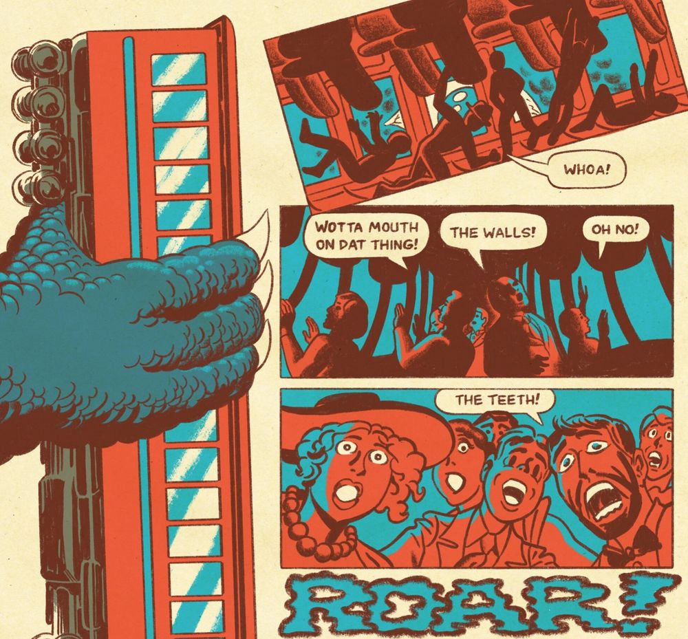 Godzilla eats a train car in 1920s New York City as passengers exclaim in broad New York-y terms, from Godzilla Masterpiece Theater #1 by Tom Scioli