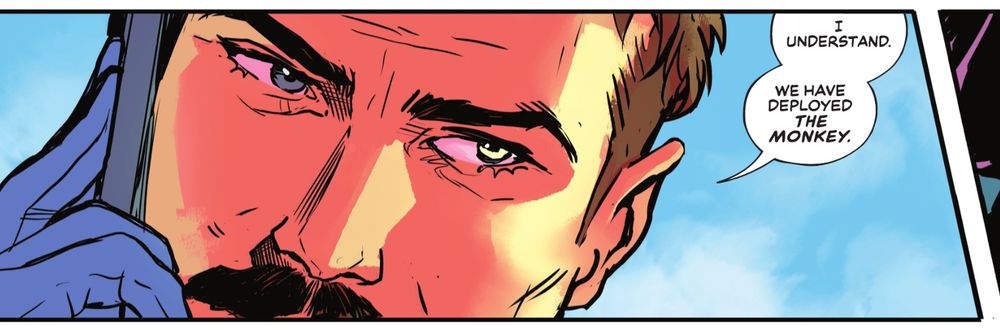 A panel from Absolute Flash #3 where a character says into a phone “I understand. We have deployed *the monkey*.