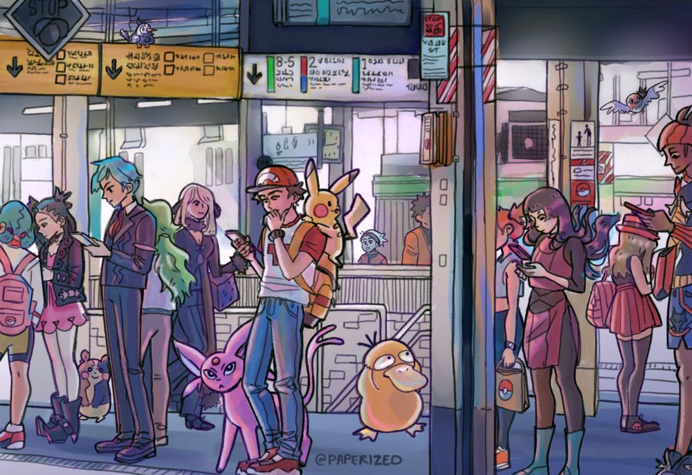 Many pokemon trainers waiting for a train with their pokemon