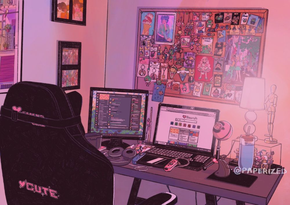 Drawing of a room with a messy computer desk, pictures on the wall, and a pin board covered in pins
