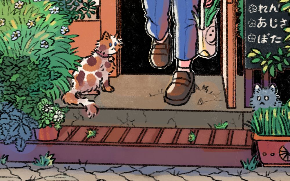 A person walking out of the doorway of a plant store, holding a grocery bag with a smiley face on it. Plants crowd the opening, one calico cat sits staring. A gray cat with white tipped ears hides behind some plants. 