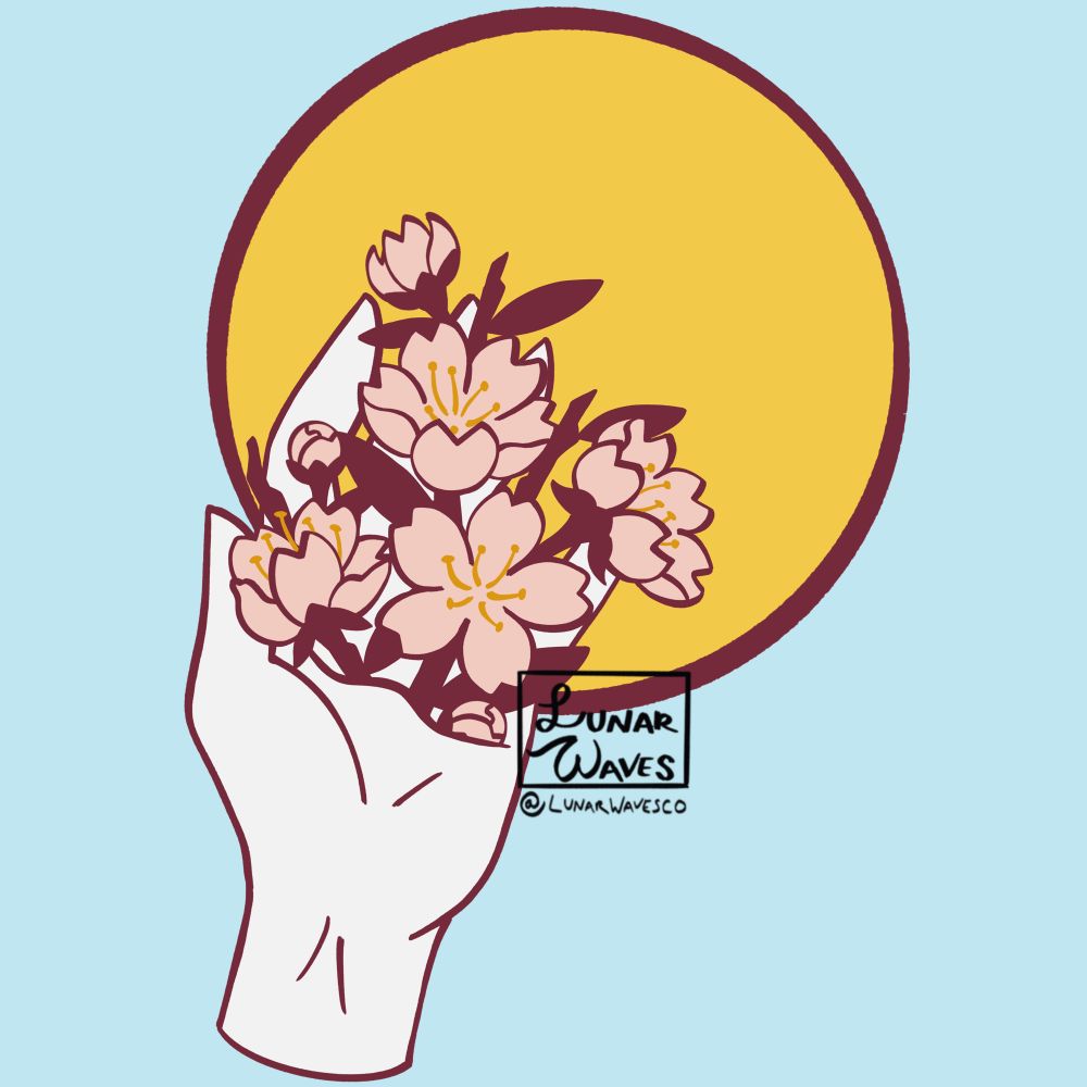Drawing of a hand with cherry blossoms growing out of it