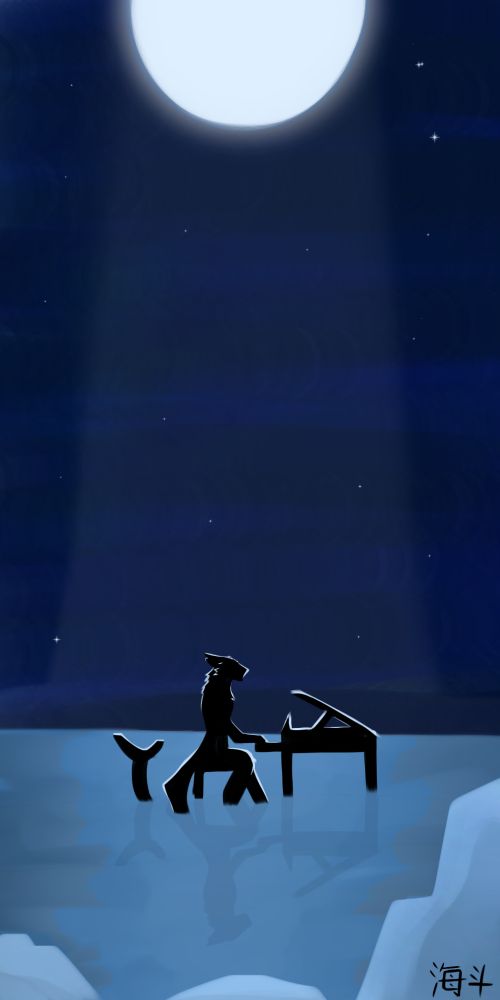 A shark/sergal hybrid, named Kaito, singing while playing the piano under the moonlight.