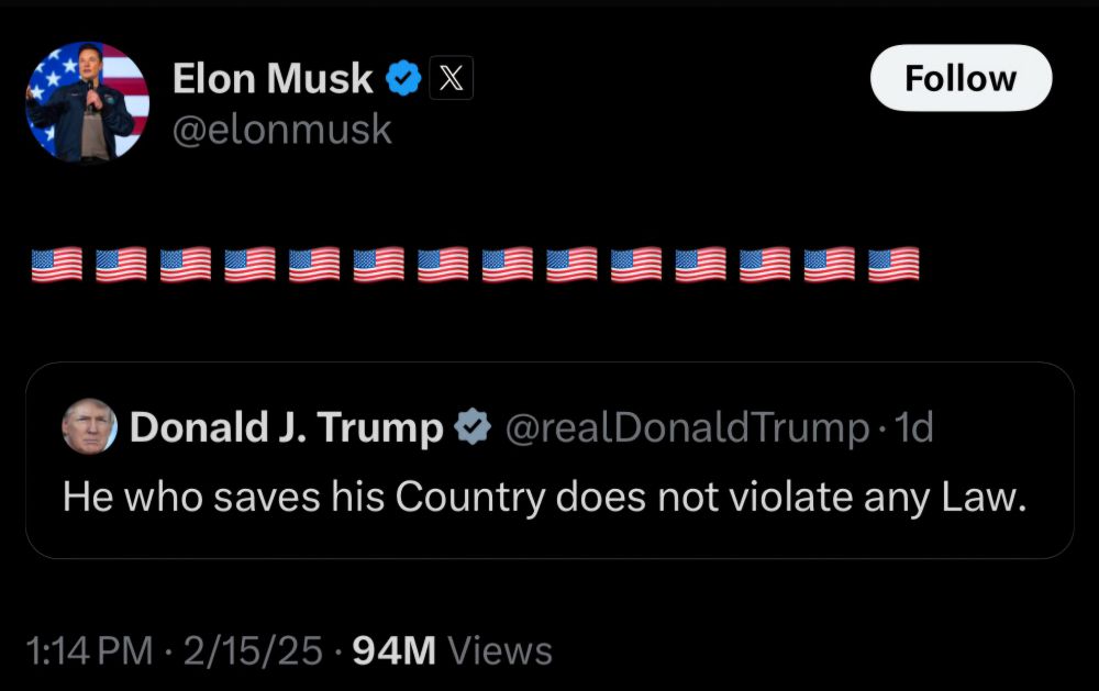 Elon retweets Donald Trump's "He who saves his Country does not violate and Law" with 14 American flags