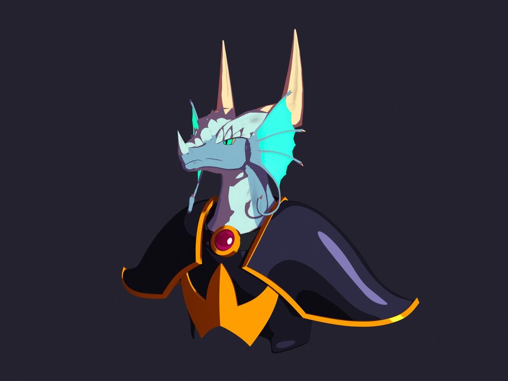 Render of a work in progress in Blender. Bust of a light blue dragon with dark purple and gold armor. Everything is cell shaded.