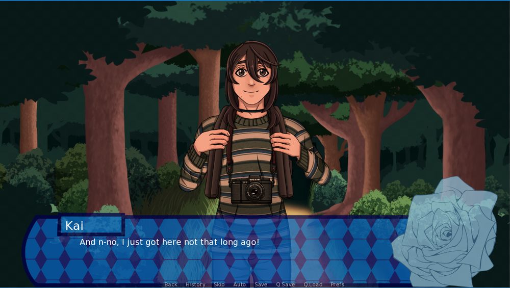 A scene of my character Kai who has dark hair, and eyes. He's clutching onto his backpack as he stands infront of the opening to the woods.