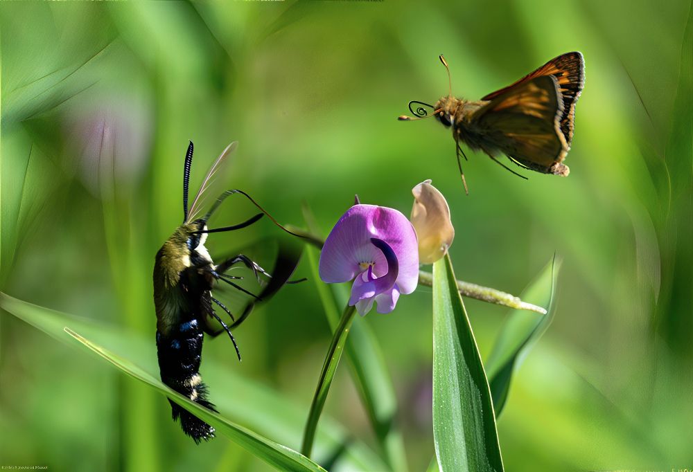 A skipper butterfly hovers above and to the right near a single pinkish-purple flower in the center of the photo.  A large clearwing moth has just flown in and is near the left side of the photo.