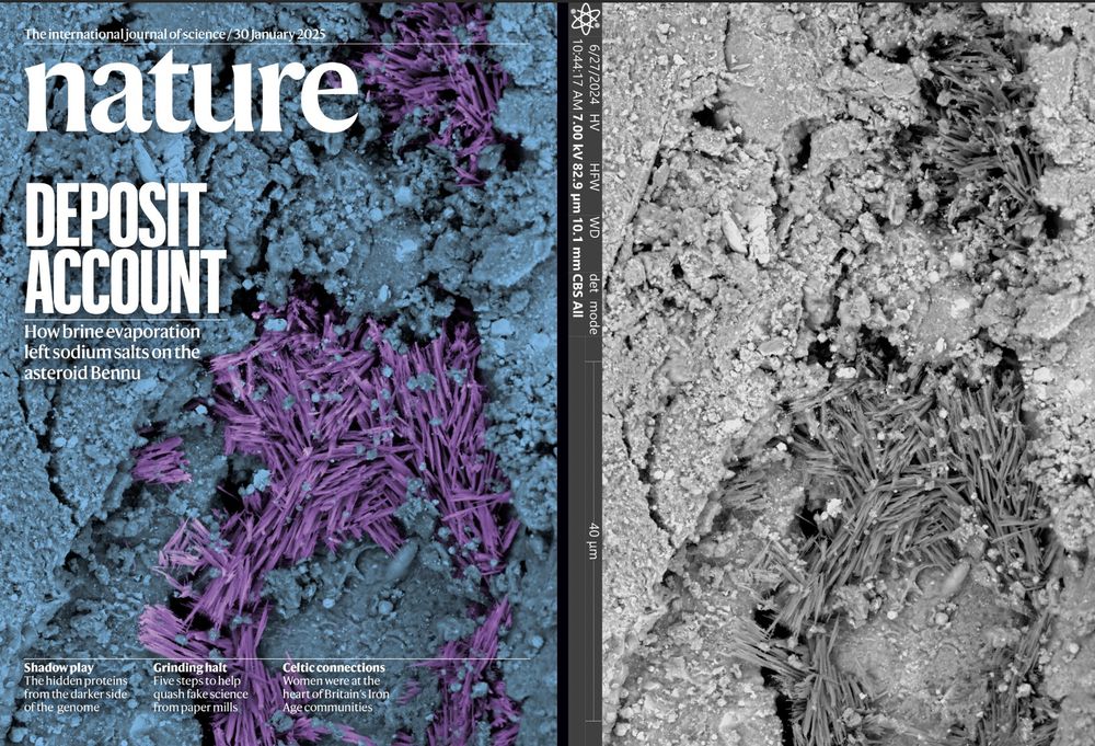 Cover of Nature with false colored image of asteroid Bennu, as compared to original grayscale image