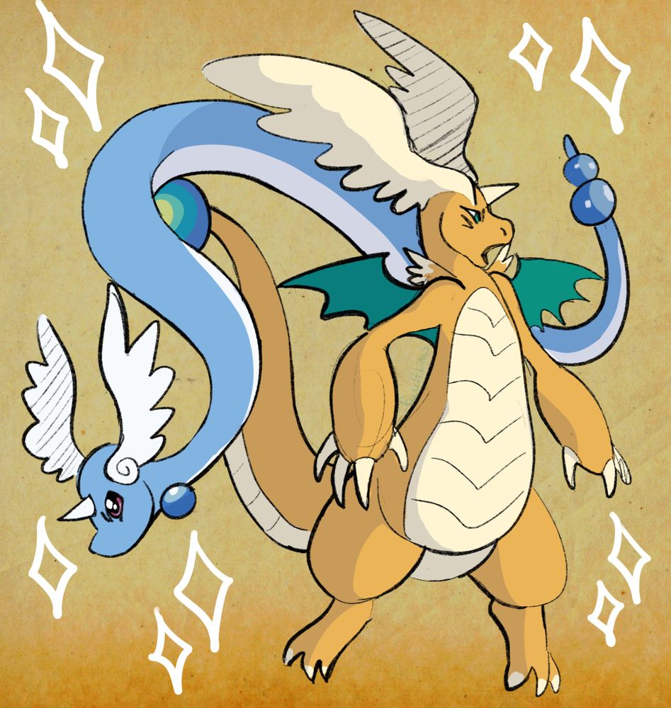 A dragonair and a dragonite stand side by side, preparing for battle.