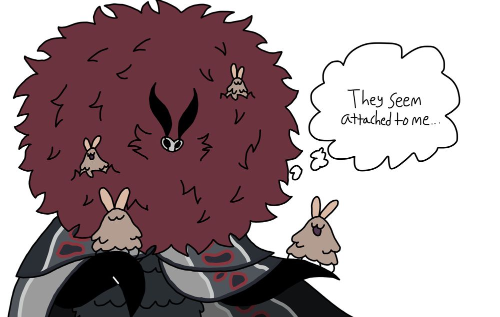 Flumm encountering for Fleas (Hollow Knight) two perch on on Flumm’s hand while the other two sprout out of Flumm’s mane.