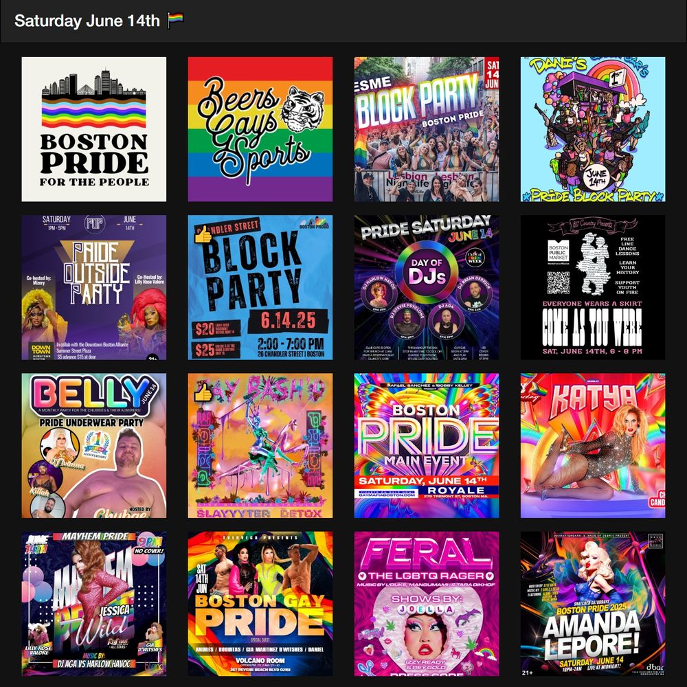 Selection of flyers for 16 Boston Pride events for Saturday June 14th 2025