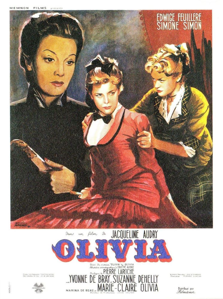 Poster for Jacqueline Audry's 1951 Olivia (also known as The Pit of Loneliness), based on the 1950 semi-autobiographical novel of the same name by Dorothy Bussy. It has been called a "landmark of lesbian representation".