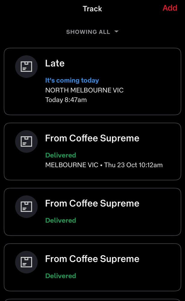 Auspost app shows a list of successful coffee deliveries but the current one is “late”