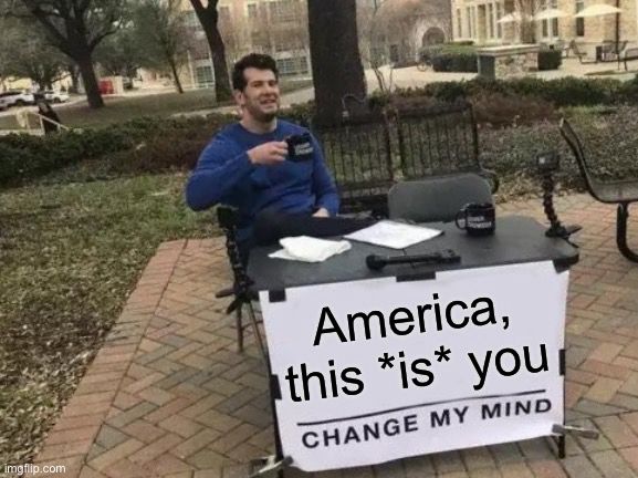 The debate club meme guy “America this *is* you: change my mind”